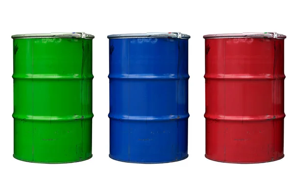 Barris Aço Isolados Barris Coloridos Para Petróleo Química Indústria Fundo — Fotografia de Stock