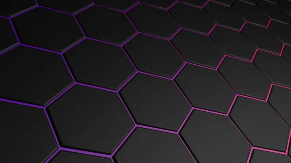 3D六角形の黒の背景 技術抽象幾何学ハニカムとネオンテクスチャの暗い背景 科学技術ネットワークの概念 高品質の3Dイラスト — ストック写真