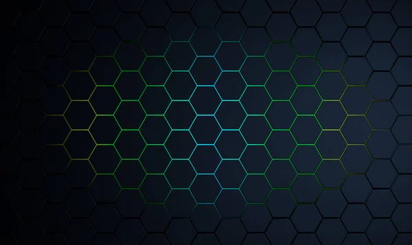 Hexagon Black Background Technology Abstract Geometry Dark Backdrop Honeycomb Neon — Stock Photo, Image