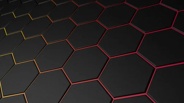 3D六角形の黒の背景 技術抽象幾何学ハニカムとネオンテクスチャの暗い背景 科学技術ネットワークの概念 高品質の3Dイラスト — ストック写真