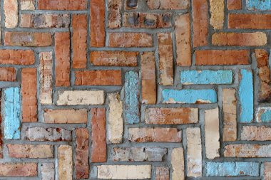 Tuğla duvar arka planı. Dekoratif ev tasarımı için eski renkli kırsal tuğla işleri arka planı. Yüksek kalite fotoğraf