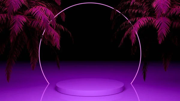 Neon Podium Hintergrund Farbiges Leeres Display Mit Tropischen Neonpalmen Cyber — Stockfoto