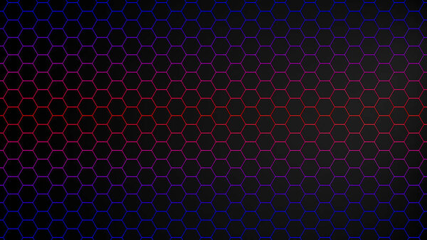 3d hexagon neon background. Technology abstract geometry dark backdrop with honeycomb and neon texture. Science, technology, network concept. High quality 3d illustration