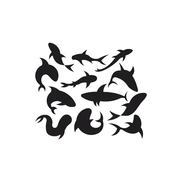 Ensemble Avec Silhouettes Une Baleine Dans Différentes Positions Vector Plat — Image vectorielle