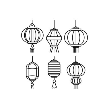 Bir dizi Çin feneri, Japon ikon lambası, geleneksel Asya dekorunun asılı fenerleri.. 