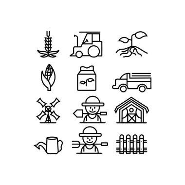 Tarım ve tarım hattı simgeleri seti, hasat kamyonları, traktörler, çiftçiler, köy, çiftlik binaları, kürek, hasat, filizlenme içerir.
