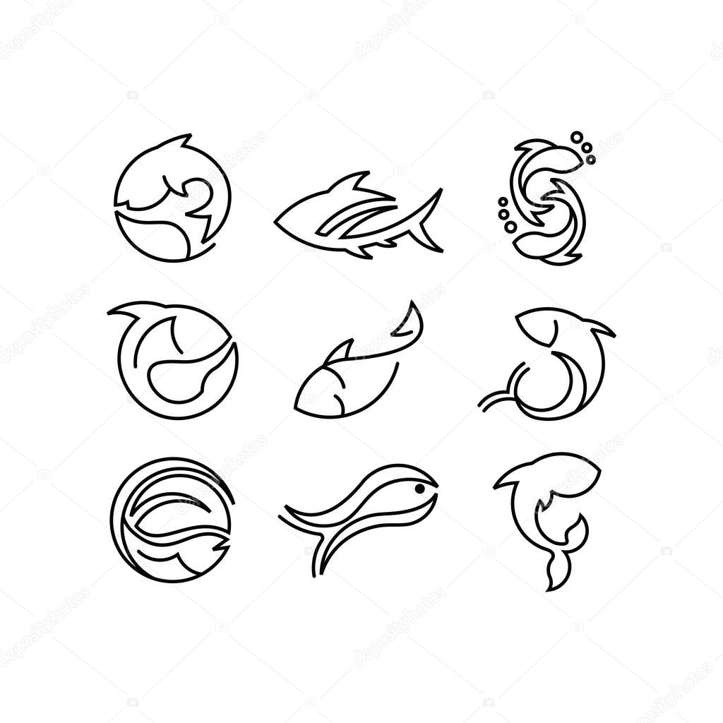 Set of vector stylized fishes, set Sketch vector icons of varieties  fishes