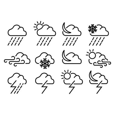 hava durumu düz vektör sembolleri, hava durumu tahminleri - ana hatlı ağ simgesi seti