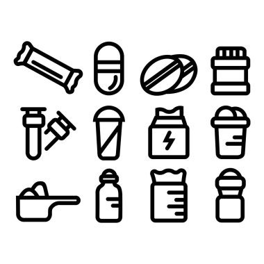 Tıbbi Uyuşturucularla İlgili Basit Vektör Çizgisi Simgeleri, web tasarımı için antibiyotik uyuşturucu vektör simgelerinin ana hatları