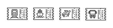 Vektör simgesi, ulaşım bileti, uçak, tren, gemi, otobüs. Vektör simgesi illüstrasyon bileti