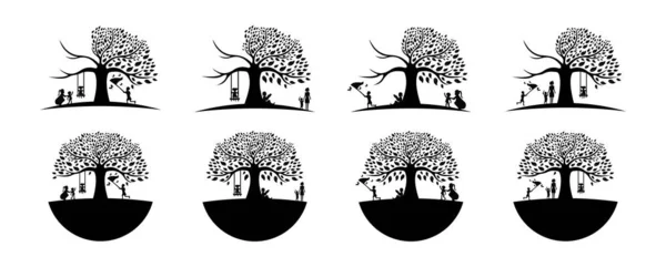 Enfants Mères Jouent Sous Arbre Logo Chêne Noir Illustration Vectorielle — Image vectorielle