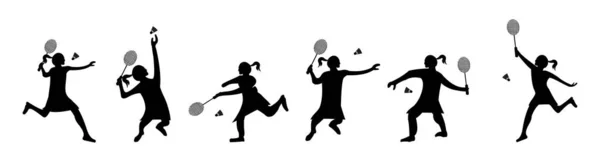 Conjunto Vetor Silhuetas Atleta Feminino Masculino Jogar Badminton —  Vetores de Stock