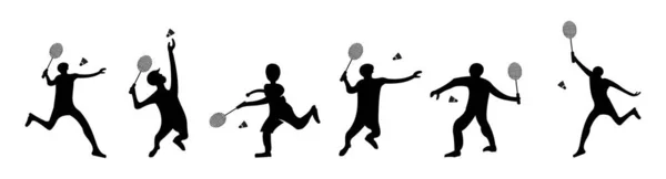 Conjunto Vetor Silhuetas Atleta Feminino Masculino Jogar Badminton — Vetor de Stock