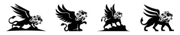 翼のアイコンのライオン 翼のレオライオン 翼のシルエットベクトルイラスト付き — ストックベクタ