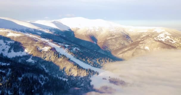 Foto aérea de majestuoso amanecer en las montañas. Valle entre las montañas está cubierto de niebla y está iluminado por los cálidos rayos del sol naciente. Montañas cubiertas de bosque natural. — Vídeos de Stock