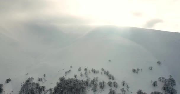Scatto aereo di maestosa alba in montagna. La valle tra le montagne è coperta di nebbia ed è illuminata dai caldi raggi del sole che sorge. Montagne coperte di foresta naturale. — Video Stock