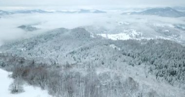 Peri masallarındaki dağ manzarasından. Alp sivri tepeleri karla kaplanmış. Ukrayna, Karpat dağlarında vahşi kış. Kalın beyaz bulutlar. Açık alan. Hava 4K