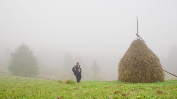 秋の霧の朝、大規模な干し草の玉と農村部の遠くの牧草地. — ストック動画