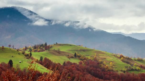 Clip de lapso de tiempo. Fantástico paisaje de montaña colorido con nube. Ucrania, Montañas Cárpatos — Vídeos de Stock