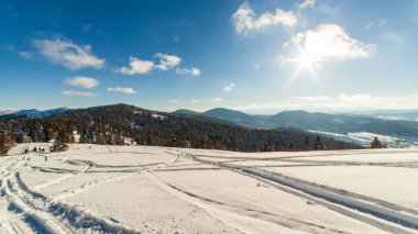 Güneş ışığıyla parlayan görkemli kış manzarası. Kış manzarası. Carpathian, Ukrayna, Avrupa. Güzellik dünyası. Mutlu yıllar.