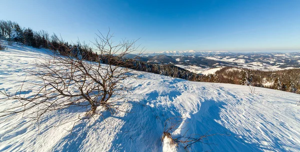 Csodálatos téli táj a napsütéses napokon. Téli táj hóval fedett hegy a napfény alatt. Népszerű turista és utazási hely. Téli csodaország. lenyűgöző természeti háttér. Kárpátok. — Stock Fotó