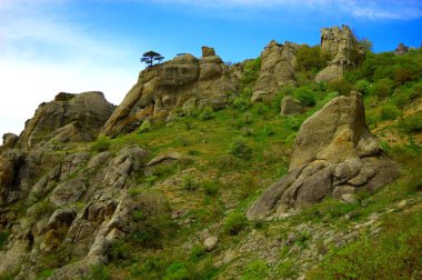 Kırım Yarımadası 'nın muhteşem manzarasına sahip yatay bir arka plan. Dağların üst manzarası yemyeşil ve tepenin altındaki kalın bulutlarla kaplıydı. Açık mavi gökyüzü. Boşluğu kopyala.
