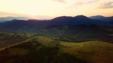 Karpatlar 'ın uçsuz bucaksız otlaklarının ve tarım arazilerinin havadan görünüşü. Tarım tarlası. Gün batımında kırsal dağ manzarası. Ukrayna.