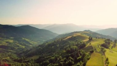 Karpatlar 'ın uçsuz bucaksız otlaklarının ve tarım arazilerinin havadan görünüşü. Tarım tarlası. Gün batımında kırsal dağ manzarası. Ukrayna.