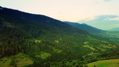 Karpatlar 'ın uçsuz bucaksız otlaklarının ve tarım arazilerinin havadan görünüşü. Tarım tarlası. Gün batımında kırsal dağ manzarası. Ukrayna.
