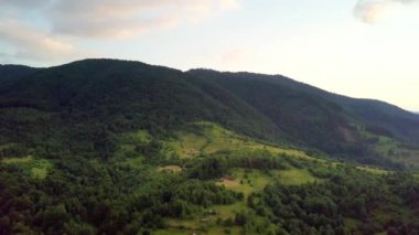 Karpatlar 'ın uçsuz bucaksız otlaklarının ve tarım arazilerinin havadan görünüşü. Tarım tarlası. Gün batımında kırsal dağ manzarası. Ukrayna.