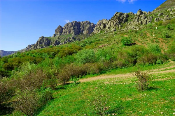 Horizontale achtergrond met prachtig landschap Krymskogo schiereiland. Bovenaanzicht op de bergen bedekt met weelderig groen en de dikke wolken onder de toppen. Heldere blauwe lucht. Kopieerruimte. — Stockfoto