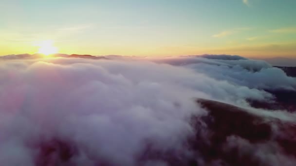 Dron 4K lata w chmurach. Lot przez chmury podczas wschodu słońca, widok z góry chmur z drona. Park Narodowy Shipit Karpat. Karpaty, Pylypety, Ukraina. — Wideo stockowe