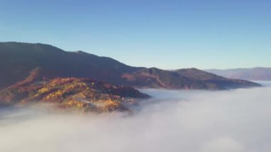 Yağmurdan sonra dağda hareket eden bir bulutun harika hissi. Güneş doğarken bulutların üstünde uçmak, bir drondan bulutların ve dağların en üst görüntüsü. Karpatlar, Synevyr geçidi, Ukrayna.