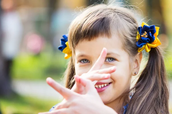 Dia da Bandeira da Independência da Ucrânia. Parem a guerra. Menina ucraniana em uma camisa vyshyvanka bordada com uma bandeira amarelo-azul da Ucrânia. Símbolos da bandeira da Ucrânia. Liberdade. Terrorismo russo. Kiev. — Fotografia de Stock