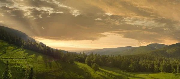 Weitwinkelpanorama von schönen Wiesen, Hügeln und Bäumen auf der Lichtung Synevyrska neben dem See Synevyr. Majestätische und wunderschöne Landschaften der Karpaten in der Ukraine — Stockfoto