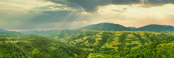 Karpatlar 'ın uçsuz bucaksız otlaklarının ve tarım arazilerinin havadan görünüşü. Tarım tarlası. Gün batımında kırsal dağ manzarası. Ukrayna. — Stok fotoğraf