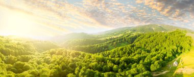 Karpatlar 'ın uçsuz bucaksız otlaklarının ve tarım arazilerinin havadan görünüşü. Tarım tarlası. Gün batımında kırsal dağ manzarası. Ukrayna.