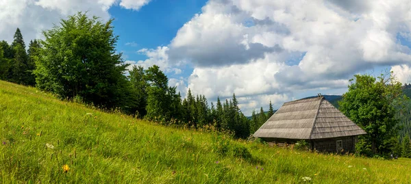 Beautiful nature and a wonderful landscape around a wooden hut, in a clearing located on the slopes of the Carpathian Mountains above Lake Synevyr. Ukraine. — Stock Photo, Image