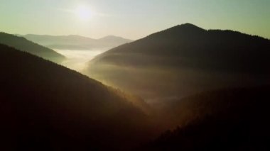 Dağ zirveleri ve sabah bulutları pürüzsüz hareket ediyor. Karpat Dağları 'nın çayırlarındaki yaz manzaralı vadi ağaçları. Ukrayna.