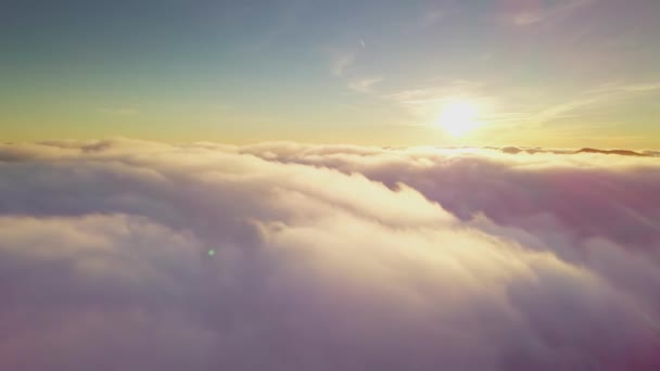 4K Drone flyger i molnen. Flyg genom molnen under soluppgången, ovanifrån över molnen från drönaren. National Park Shipit Karpat. Karpaterna, Pylypeter, Ukraina. — Stockvideo