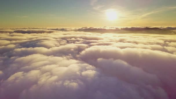 4K 드론 이 구름 속을 날고 있습니다. 해 가 뜨는 동안 구름 사이를 비행하면서 드론으로부터 구름의 꼭대기를 볼 수있습니다. 국립 공원의 폐차장이다. 우크라이나, 필리 펫스, 카르파티아. — 비디오