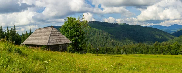 Piękna przyroda i wspaniały krajobraz wokół drewnianej chaty, na polanie położonej na zboczach Karpat nad jeziorem Synevyr. Ukraina. — Zdjęcie stockowe