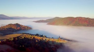 Yağmurdan sonra dağda hareket eden bir bulutun harika hissi. Güneş doğarken bulutların üstünde uçmak, bir drondan bulutların ve dağların en üst görüntüsü. Karpatlar, Synevyr geçidi, Ukrayna.