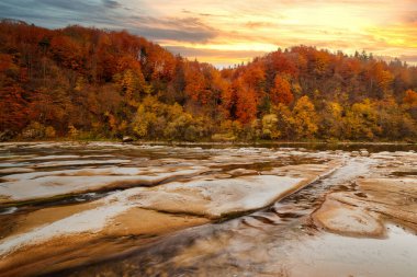 Sonbaharda şelalenin manzarası. Sonbahar renklerinde şelale. Sonbahar manzarasında dağ nehri. Ukrayna, Stryj Nehri.