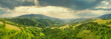 Karpatlar 'ın uçsuz bucaksız otlaklarının ve tarım arazilerinin havadan görünüşü. Tarım tarlası. Gün batımında kırsal dağ manzarası. Ukrayna.