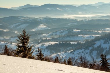 Karla kaplı ağaçlarla kaplı güzel bir kış manzarası. Kış dağları.