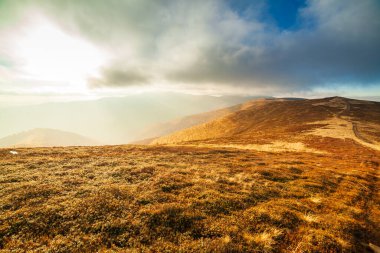Ukrayna, Magura-Jide dağları ve Karpat dağlarının mavi gökyüzü manzarası. Borzhava dağlarının geniş açık çöl manzaraları. Pylypets, Ulusal Park.