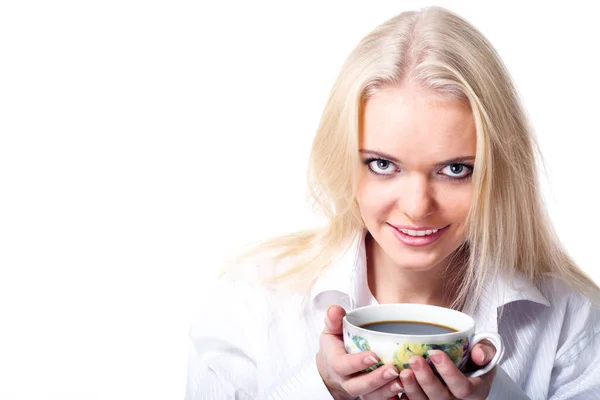 Woman coffee or tea cup isolated close up portrait —  Fotos de Stock