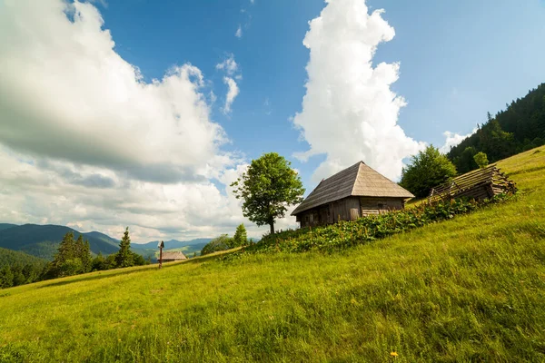 Piękna przyroda i wspaniały krajobraz wokół drewnianej chaty, na polanie położonej na zboczach Karpat nad jeziorem Synevyr. Ukraina. — Zdjęcie stockowe