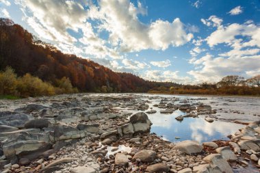 Sonbaharda şelalenin manzarası. Sonbahar renklerinde şelale. Sonbahar manzarasında dağ nehri. Ukrayna, Stryj Nehri.